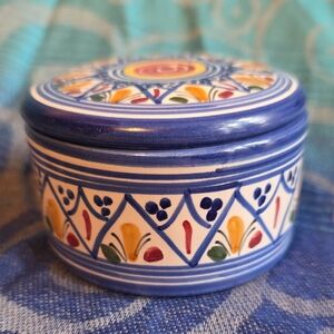 Antique, SiHand-Painted Blue Ceramic Trinket Dish with lid - D